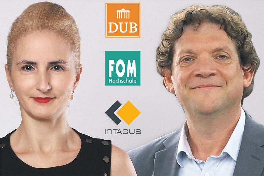 Das Bild zeigt Kopfportraits von Ayse Mese (DUB.de GmbH) und Prof. Dr. Holger Wassermann (INTAGUS GmbH und FOM Hochschule) sowie die drei Firmenlogos bei dem Gemeinschaftsprojekt zur Entwicklung neuer DUB Multiples.